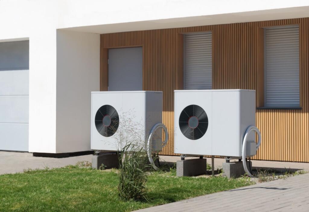 Dual air source heat pump units installed outside a modern home