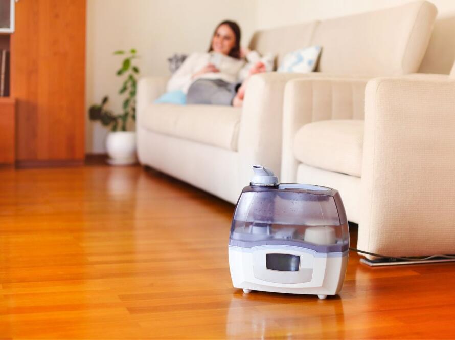 A humidifier running in a living room while a woman relaxes on the sofa